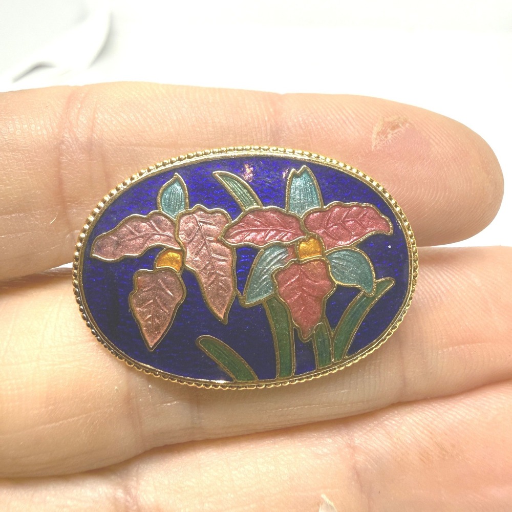 Vintage Cloisonne Enamel Floral Scarf Slide Oval Pink Orchid Blue Gold Tone